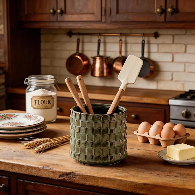 Utensil Crock Kitchen Utensil Holder, 5 Inches Small Ceramic Utensil Holder for Countertop, Unique Embossed Checkered Pattern, Seaweed Green Cooking Utensil Crocks for Kitchen, Home Decor Gift