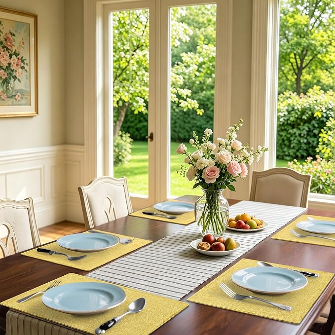Homaxy Cloths Placemats for Dining Table Set of 6, Heat Resistant Washable Cotton Linen Blend Table Mats, Place Mats for Indoor Outdoor Party Kitchen Decoration, 13" x 19", Mustard Yellow