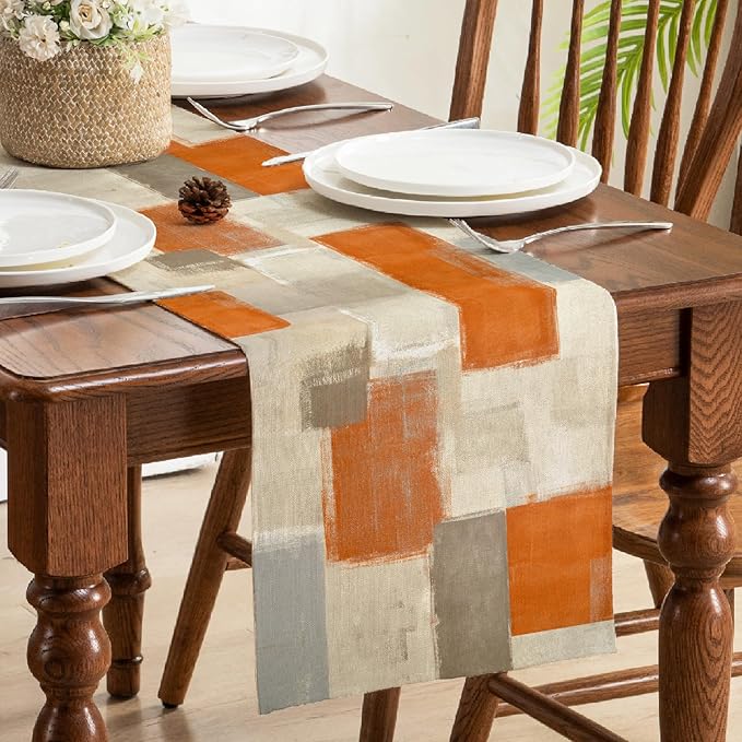 Orange Grey Watercolor Table Runner 72 Inches Long, Art Abstract Modern Table Runners for Seasonal Decor Party Kitchen Dining Coffee Table Dressers Wedding Home