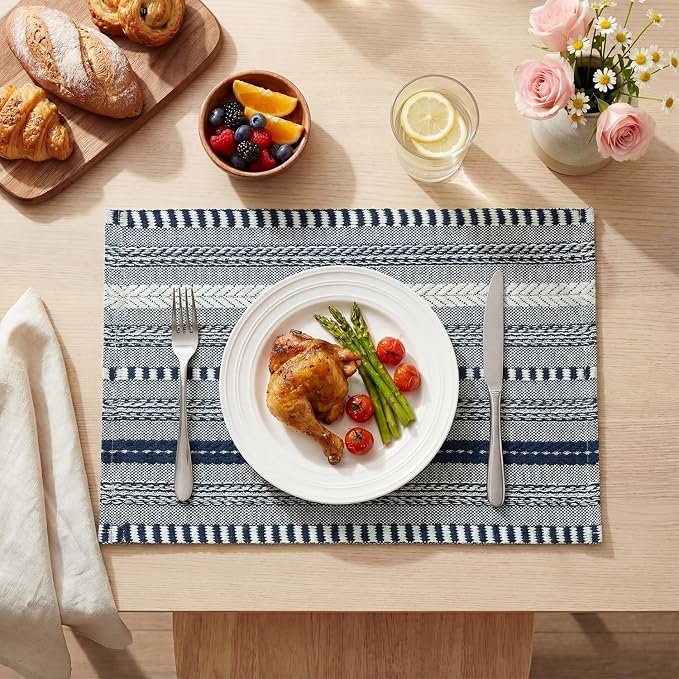 Artoid Mode Dark Blue Farmhouse Woven Braided Stripe Placemats Set of 4,12x18 Inch Seasonal Holiday Table Mats Party Kitchen Dining Decoration