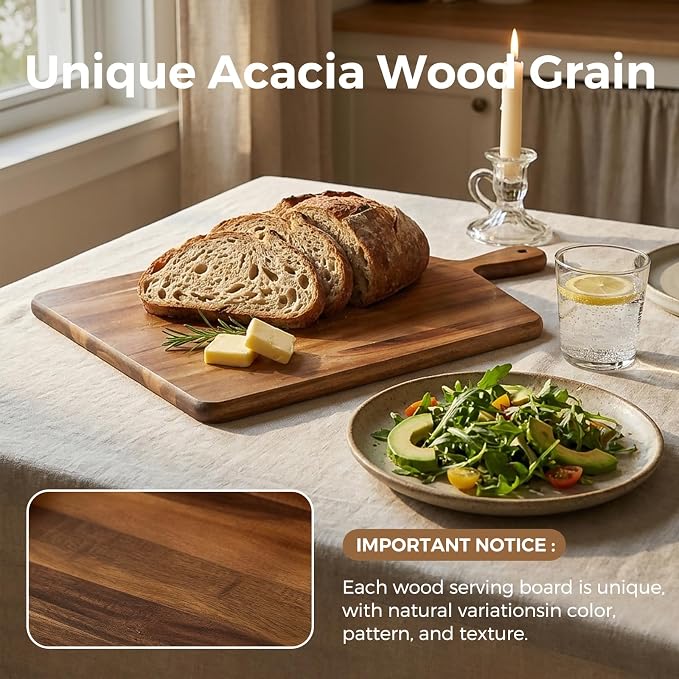 S310 Acacia Wood Cutting Board with Handle, Wooden Chopping Board for Meat, Cheese, Bread & Vegetables, Decorative Charcuterie Serving Board for Kitchen Cooking, Pizza & Party Dining, 17"x13"