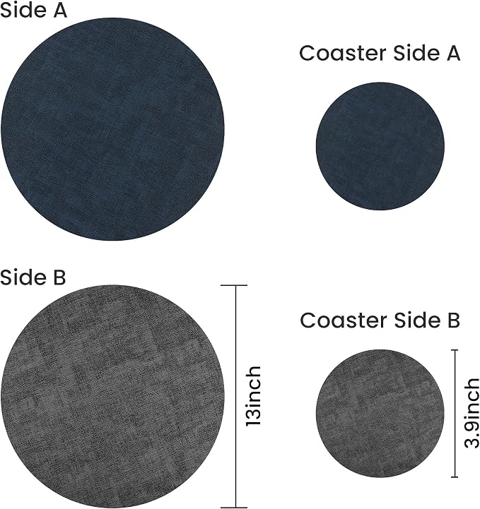 13-Inch Faux Leather Round Placemats Set of 12, Waterproof Anti-Slip Dual Sided Place mats, Heat Resistant Washable Table Mats with Coaster, Suitable for Indoor & Outdoor (12, Black Navy Blue)