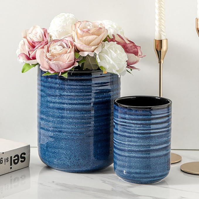 HASENSE Large Ceramic Utensil Holder, 7.4" Kitchen Utensil Crock for Countertop, Modern Farmhouse Utensil Organizer Caddy for Cooking Utensil Set, Blue Kitchen Decor