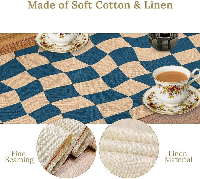 Groovy Retro Checkered Table Runner Vintage Abstract Wavy Swirl Twisted Blue Hippie Grid Dinner Runner for Farmhouse Country Home Kitchen Dining Table Party Holiday Decor 13x36in