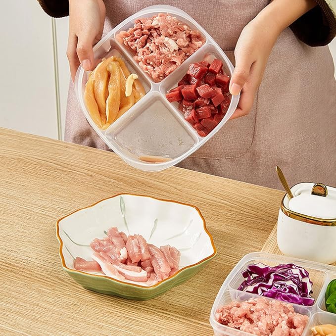 Yosoo 4 Grid Food Storage Container Transparent Fridge Organizer with Lid for Onion Ginger Garlic