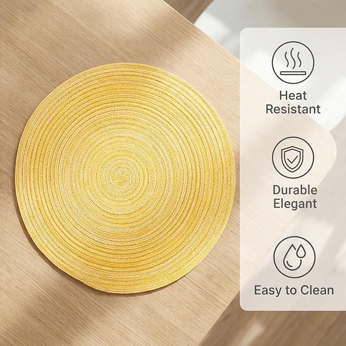 AHHFSMEI Round Braided Placemats Set of 6 Woven Table Mats for Dining Table Heat Resistant Easy to Clean Perfect for Kitchen & Home Decor (Yellow)