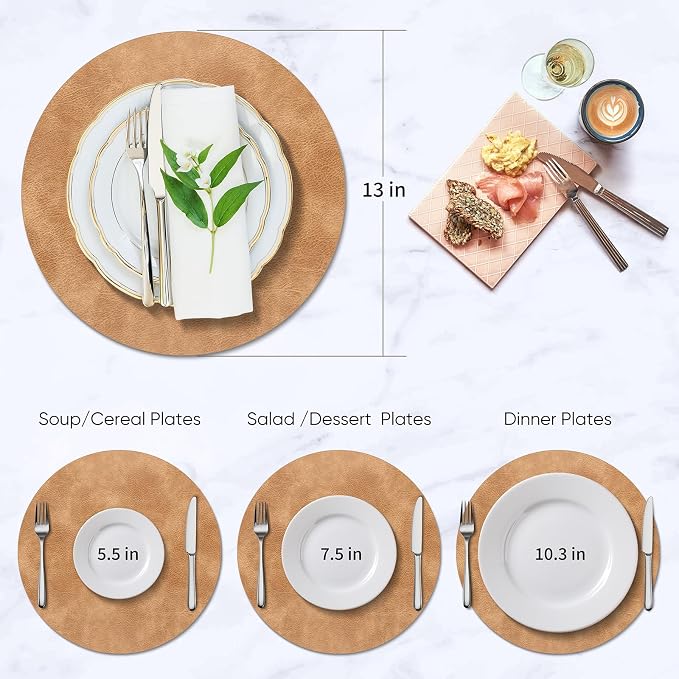 ADRIMER Placemats, Heat Resistant Round Placemats Set of 6 Washable, Waterproof Table Mats, Wipeable Faux Leather Place Mats for Kitchen, Dining Room, Camel