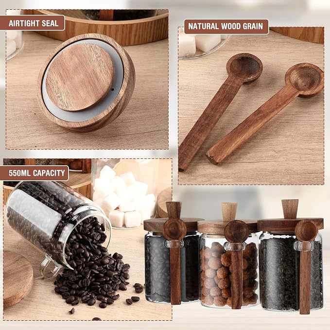 Remerry Set of 6 Glass Jar with Wooden Lid and Spoon, 20 oz Coffee Bean Tea Sugar Jar Set, Clear Airtight Spice Canisters Glass Food Storage Kitchen Containers for Coffee Bean Tea Sugar