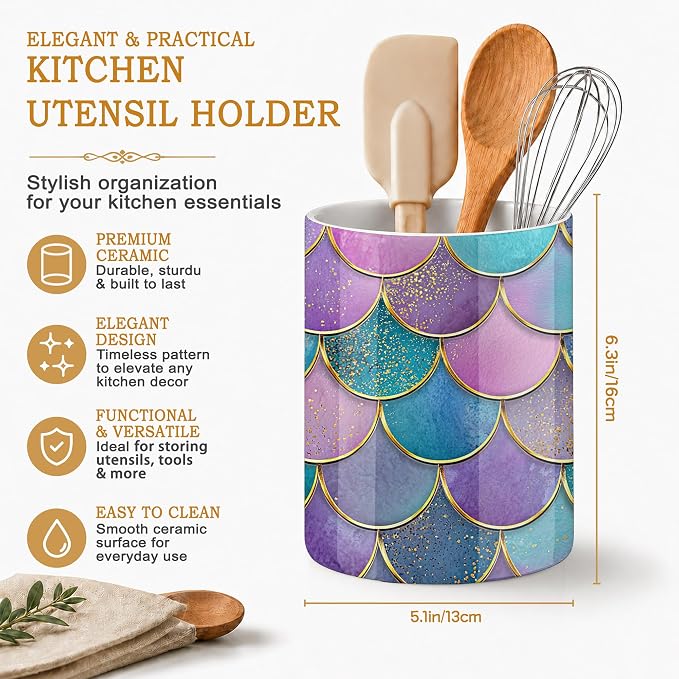 Mermaid Fish Utensil Holder for Countertop,Pink Scales Marble Ceramic Utensil Crock Organizer for Home Kitchen Spoons,Spatulas and Cooking Tools
