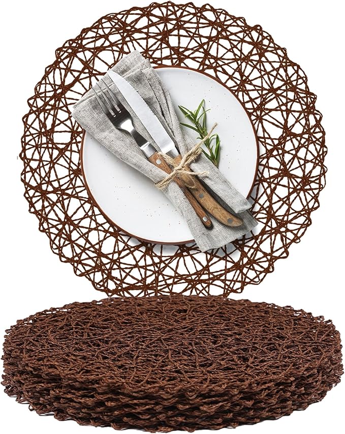 AHHFSMEI Paper Braided Round Placemats Set of 8 Natural Non-Slip Heat Resistant Table Mats for Dining Tables Woven Indoor & Outdoor Place mats(Coffee,8)