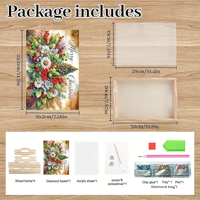 BAYUNOE DIY Diamond Serving Tray Christmas Rectangular Breakfast Tray with Handle Handmade Diamond Art Painting Wooden Tray for Dinner Plate Coffee Room Living Home Organizer-Christmas Flowers