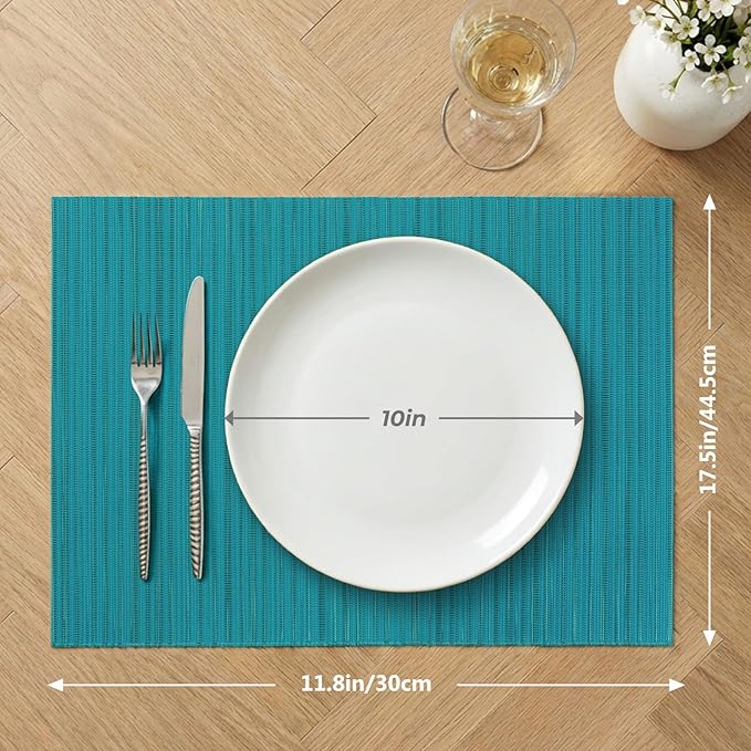 AHHFSMEI Placemats Set of 6 Woven Vinyl Non-Slip Heat Resistant Stain Resistant Easy Clean Place mats for Dining Table(Turquoise)