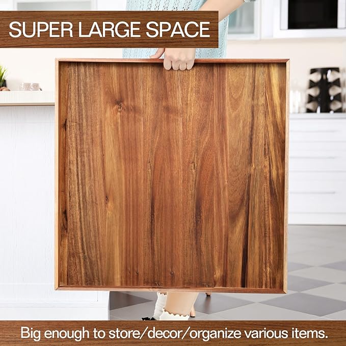 RattanView 24 Inch Extra Large Square Ottoman Table Tray with Handles Large Acacia Wood Serving Decorative Ottoman Wood Tray for Kitchen Coffee Sofa Table Organizer Storage Topper