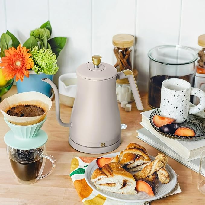 Electric Gooseneck Kettle 1 Liter 1200W Fast Boil with Precision Pour Spout, Stainless Steel Interior, Auto Shut-Off & 360° Swivel Base (Porcini Taupe)