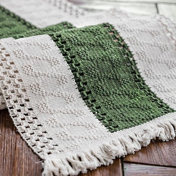 Macrame Table Runner Cream Beige and Green Boho Table Runners with Tassels Hand Woven Cotton Table Runner Rustic Farmhouse Table Runners for Bohemian Kitchen Dining Table(12x36in)