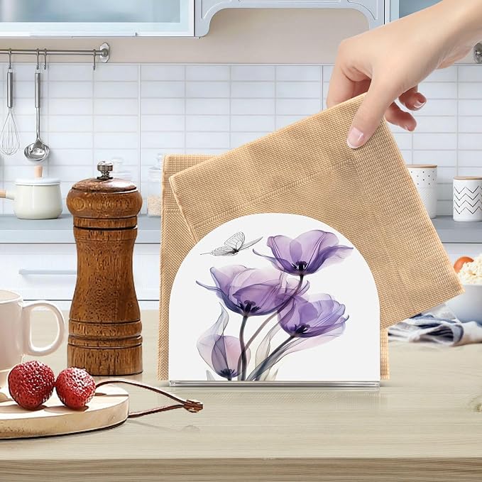 Purple Tulips Flowers Butterfly Napkin Holder for Tables Paper Cocktail Napkin Holders for Kitchen and Dinning, Acrylic Dinner Napkin Dispenser for Restaurant Home Decor Bar Accessories 1 Pack