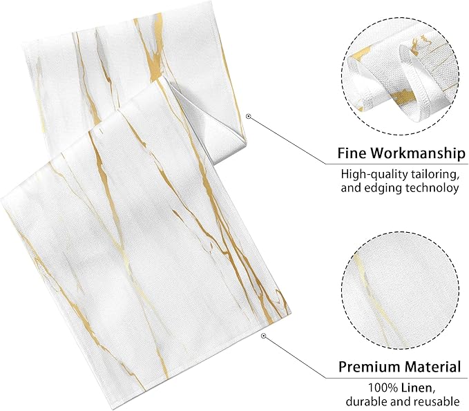 White Gold Table Runner Marble Linen Table Runners,Long Coffee Dresser Runners for Bedroom,Farmhouse Rustic Table Runner for Kitchen Dining Table Party (13"x36", White Gold Marble)