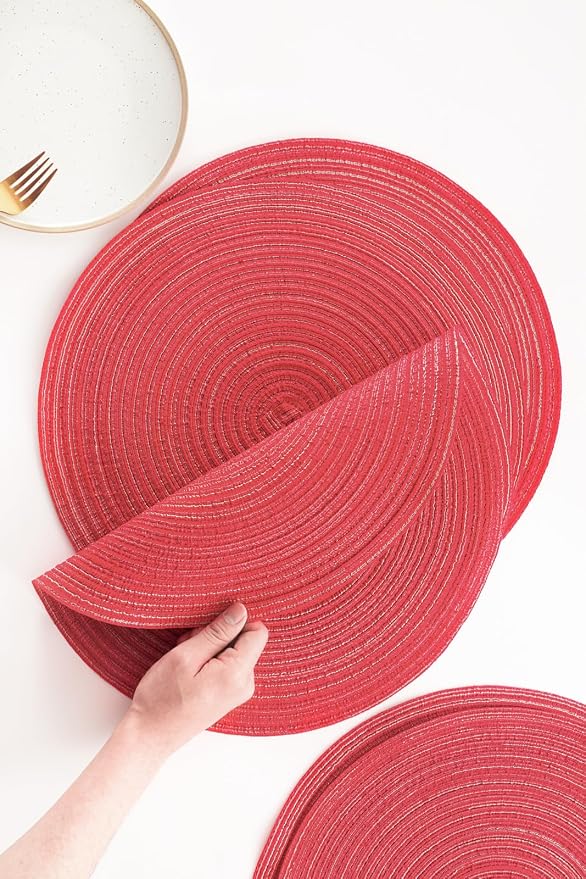 Floroom 15 Inch Round Braided Placemats Set of 4, Washable Heat Resistant Cotton Polyester Circle Place Mats for Kitchen Dining Table - Dark Red