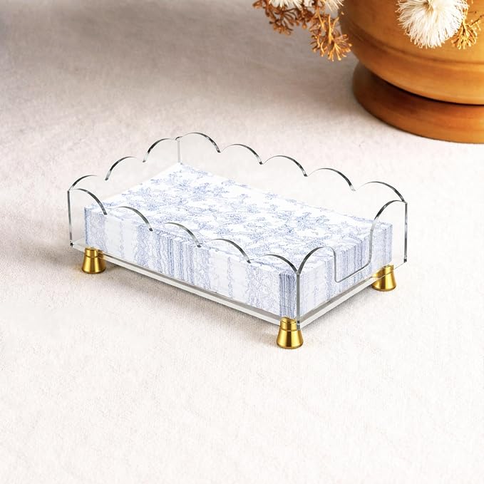 Acrylic Napkin Holder with Gold Metal Feet - Elegant Clear Tissue Organizer for Bathroom, Dining Table & Vanity (Rectangle)