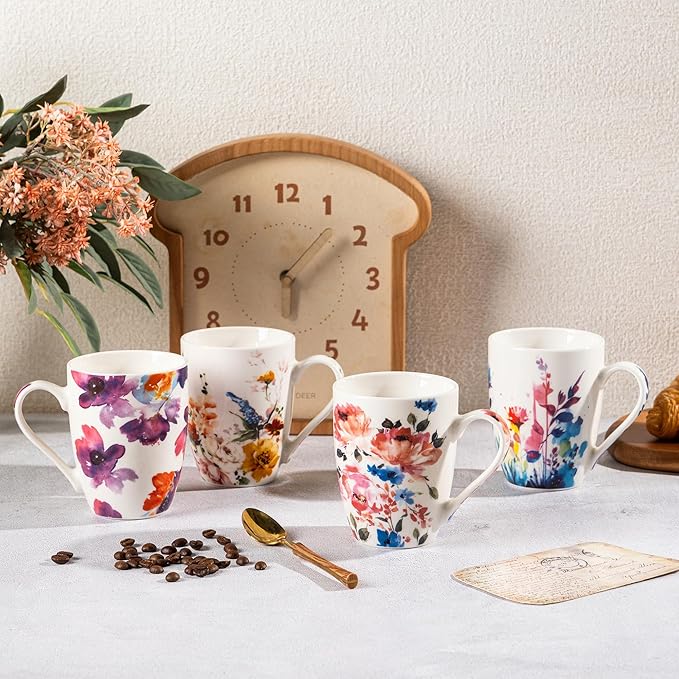 GBhome 12oz Coffee Mugs Set fo 6, Ceramic Coffee Mugs with Decaled Flowers for Man Woman Mom Dad, Light Weight Coffee Mugs Set for Latte/Cappuccino/Cocoa/Milk, Dishwasher & Microwave Safe