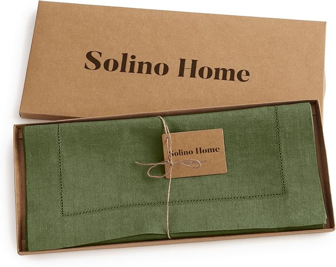 Solino Home Linen Olive Table Runner 72 Inches Long - 100% Pure Linen Hemstitch Table Runner 14 x 72 Inch for Dresser, Dining - Classic Hemstitch