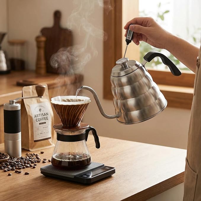 Premium 304 Stainless Steel Pour Over Coffee Gooseneck Kettle Teapot with Thermometer 1L 1.2L Capacity Beehive Design (1.2L)