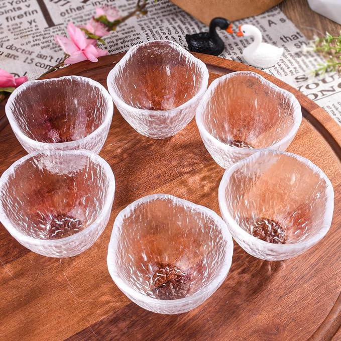 Glass Shot Cups Set of 6-1.7oz Hammered Texture Tasting Glasses for Sake, Espresso & Whiskey - Small 50ml Clear Spirit Glassware for Home Bar, Mini Tea Cups, Artisanal Barware Set