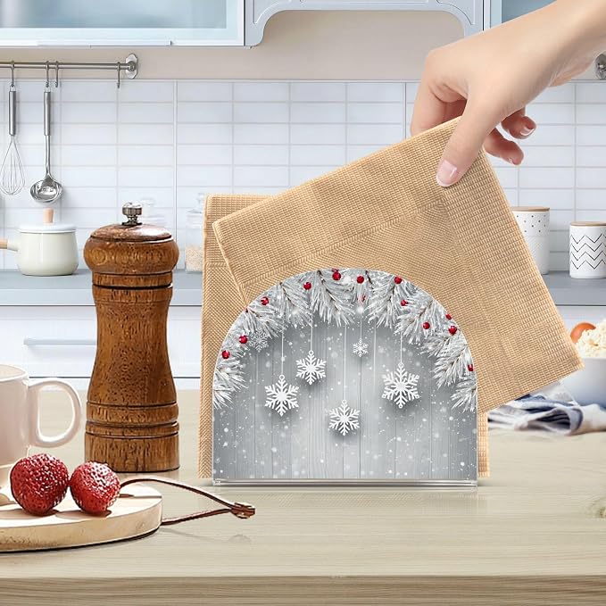 Silver Christmas Tree Snowflake Napkin Holder for Tables Paper Cocktail Napkin Holders for Kitchen and Dinning, Acrylic Dinner Napkin Dispenser for Restaurant Home Decor Bar Accessories 2 Pack
