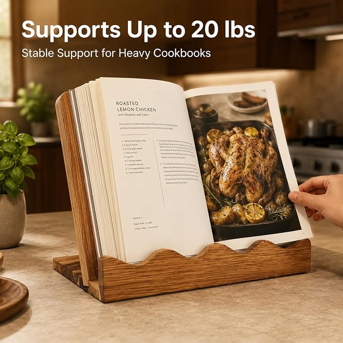 Wooden Cookbook Stand, 2 in 1 Scalloped Recipe Book Holder Cutting Board Keeps Cookbook or Tablets Open for Kitchen Counter