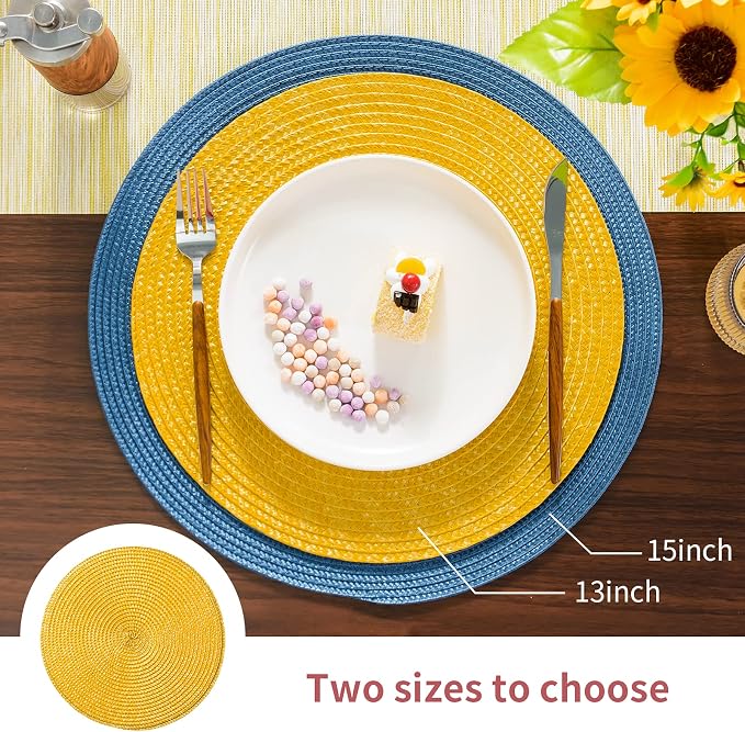 FunWheat Round Braided Placemats Set of 6 Place Mats for Dining Tables Woven Washable Non-Slip Table mats Small 13 inch(S Yellow, 6pcs)