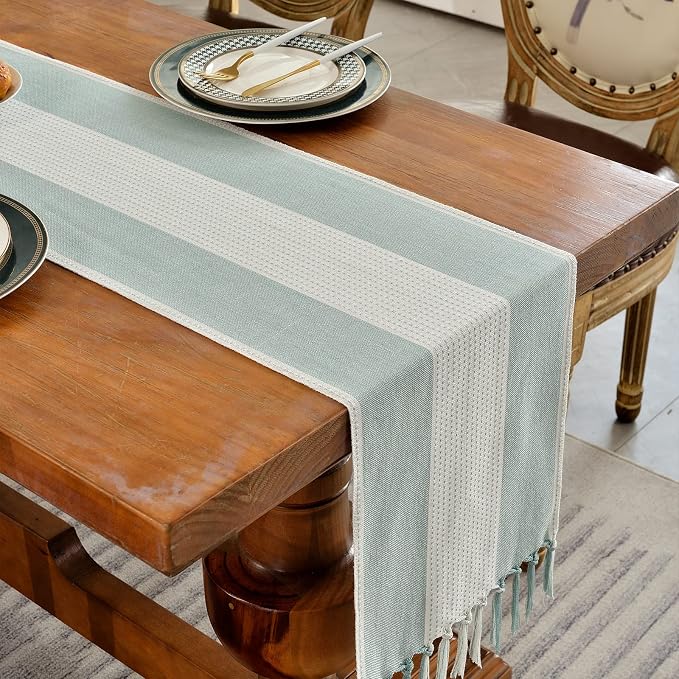 Wracra Linen Table Runner, Farmhouse Macrame Table Runners 108 Inches Long for Dining Table Decor, Wedding, Party and Dresser Decor (Aqua Blue,108")