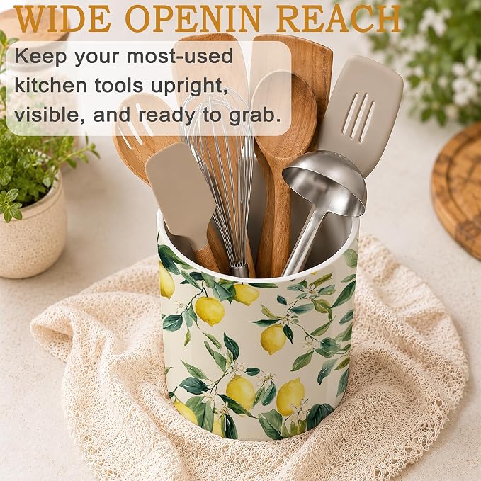 Kitchen Utensil Holder,Lemon Vintage Large Ceramic Utensil Crock Organizer for Spatulas,Spoons and Cooking Tools,Kitchen,Home Decoration 6.3"