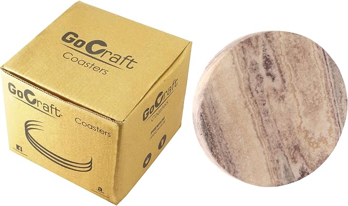 GoCraft Set of 6 Absorbent Sandstone Coasters – Natural Yellow Round Coasters for Drinks, Wine Glasses, Coffee, Barware, Mugs – Durable, Non-Slip, Easy to Clean – Ideal for Home, Office, Parties