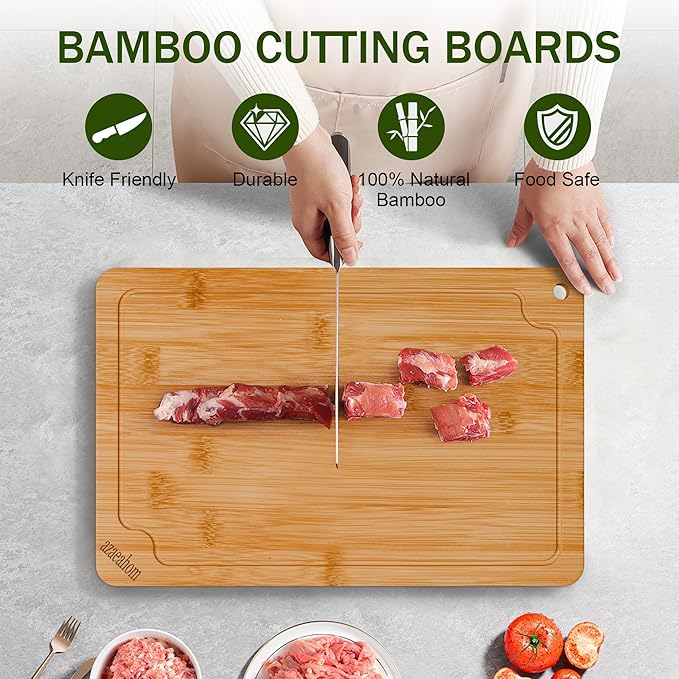Bamboo Cutting Boards for Kitchen, 2-Piece Wood Cutting Board Set with Juice Grooves & Built-in Handles, Easy Storage & Clean Chopping Board for Meat, Vegetables, Fruit