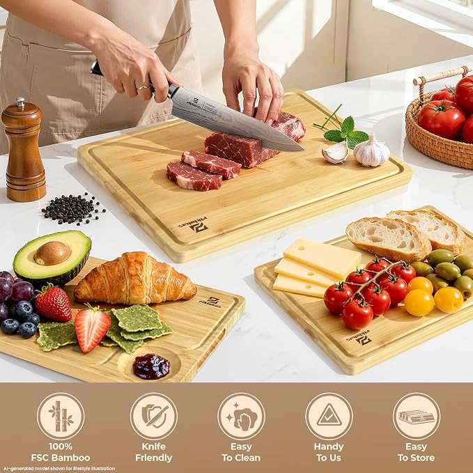 Piklohas Large Bamboo Cutting Boards Set of 4 for Kitchen, Bamboo Charcuterie Chopping Board with Holder Non Slip, Steak Serving Tray with Juice Groove, Big Butcher Block for Cheese, Ideal for Gift