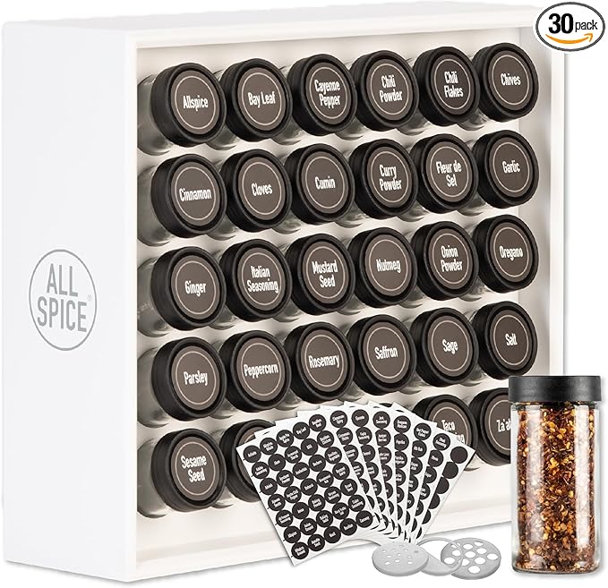 AllSpice Spice Rack Organizer, Wood, 525 Unique Labels, Countertop or Wall Mount, Includes 30 4oz Jars- Matte White