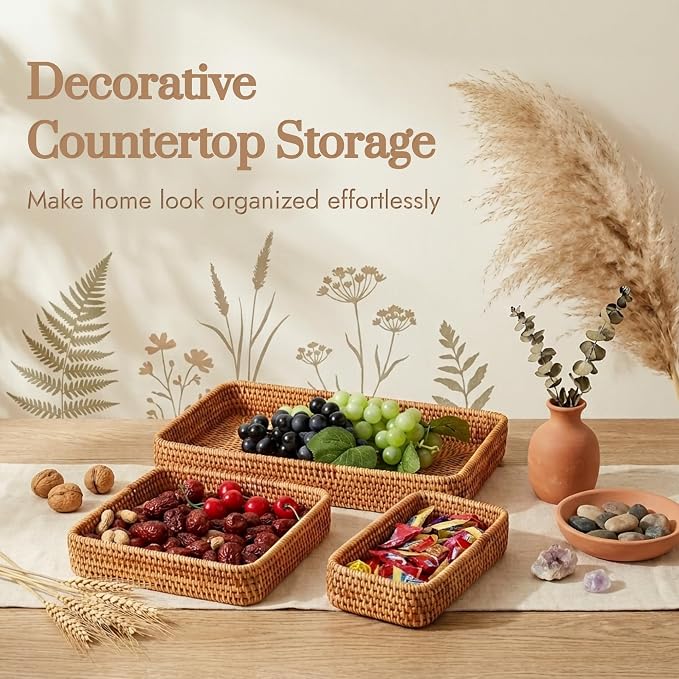 Rattan Serving Tray Set of 3, Rectangular Woven Tray, Natural Wicker Decorative Serving Tray, CoffeeTabletop Vanity Organizer, Bathroom Kitchen Counter, (S 4.3 x 8.3), (M 8.3 x 8.3), (L14.6 × 9.1)