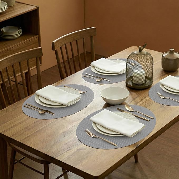 AHHFSMEI Oval Placemats Set of 6 Woven Vinyl Non-Slip Heat Resistant Stain Resistant Easy Clean Place mats for Dining Table(Grey)