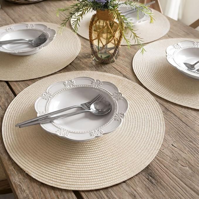 FunWheat Round Braided Placemats Set of 4 Table Mats for Dining Tables Woven Washable Non-Slip Place mats 15inch (Beige, 4pcs)