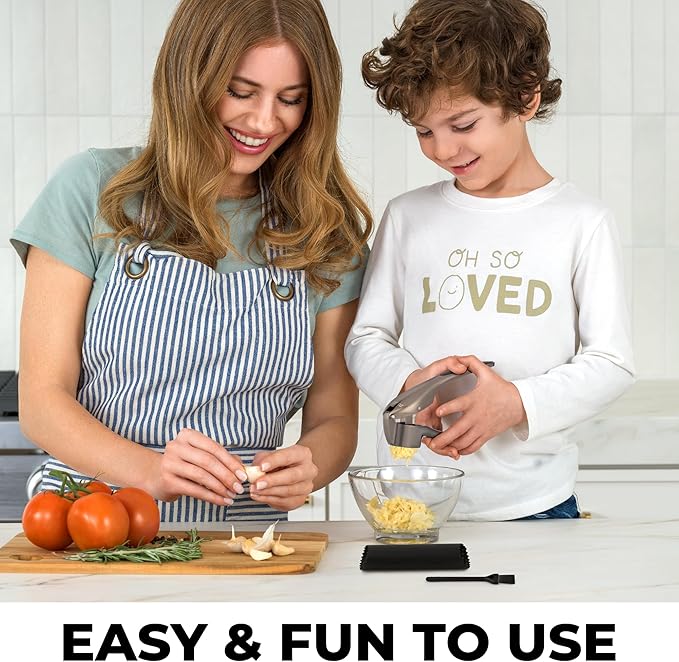 Zulay Kitchen Premium Garlic Press Set – Rust Proof & Dishwasher Safe Garlic Mincer Tool with Silicone Garlic Peeler & Brush, Easy Squeeze & Clean, Ergonomic Soft Grip Handle - Medium – Dark Gray