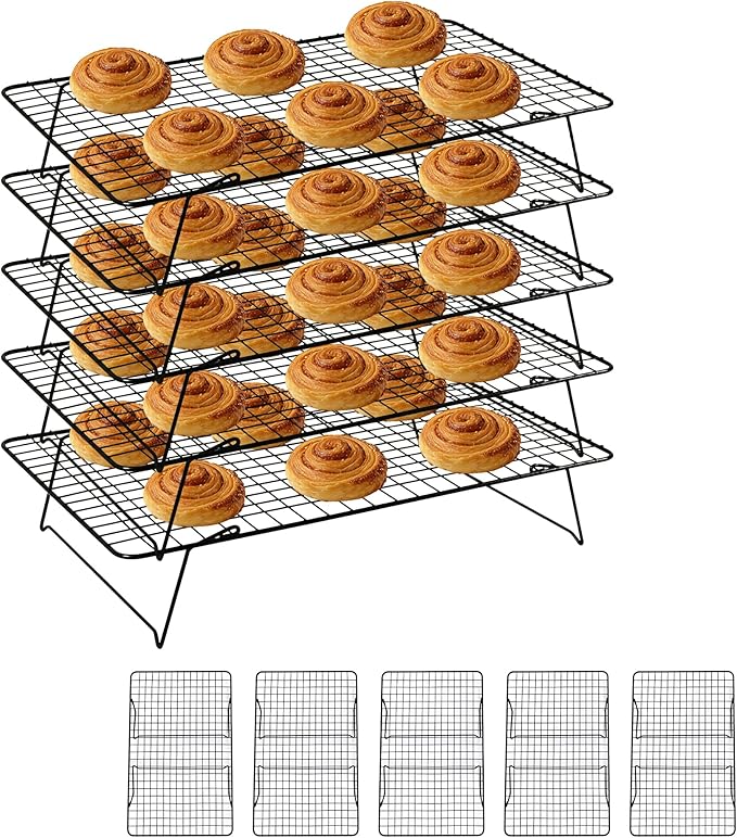 Cooling Rack, 5 Tier Stackable Cooling Racks for Cooking Baking Roasting, Multi-Level Collapsible Cookie Rack for Cakes, Oven Safe & Easy Clean (Black, 5-Tier)