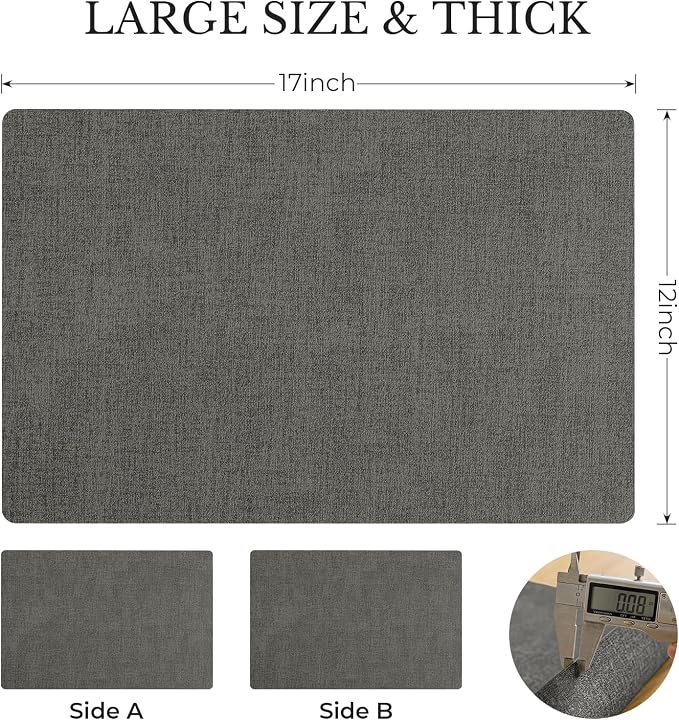 Romanstile Vinyl Placemats Set of 8, Reversible Faux Leather Heat Resistant Wipeable Table Mats, Waterproof Washable Non-Slip Table Placemats for Dining/Kitchen/Party/Outdoor (Dark Gray, 12" x 17")
