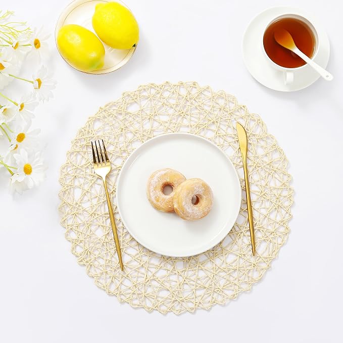 IcosaMro Beige Round Placemats Set of 6 for Dining Table, 15 Inch Paper Woven Boho Decorative Circle Place Mat for Wedding Christmas Thanksgiving Day Holiday Dinner, Beige