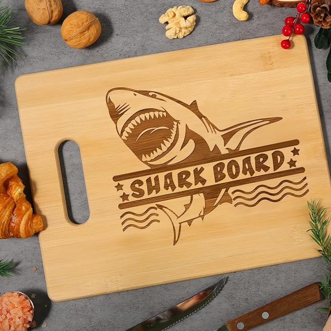 Bamboo Cutting Board for Kitchen, Heavy Duty Wood Shark Charcuterie Boards with Juice Groove, 100% Organic Bamboo, Pre Oiled, 13"