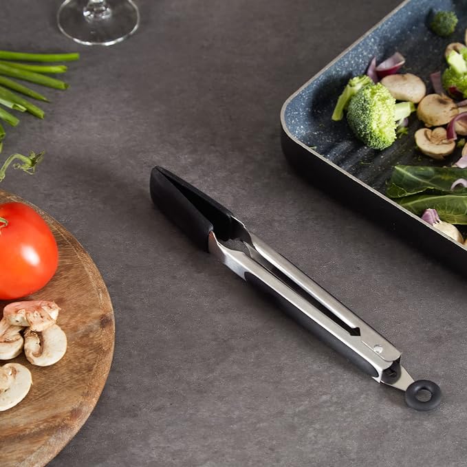 RSVP International Endurance Kitchen Utensil Collection Stainless Steel Locking Tongs for Cooking, 10.75" Length, Square Tip, Black Non-Slip Silicone