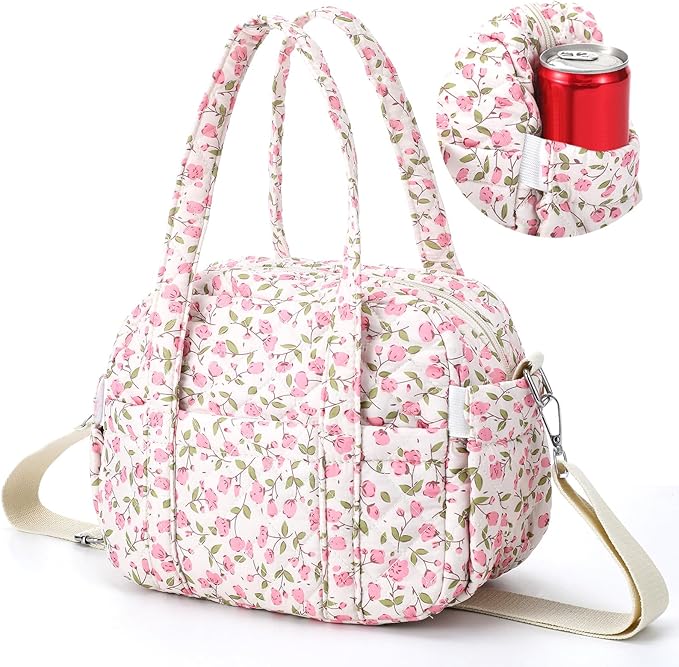 Zhehao Cute Lunch Bag for Women Large Quilted Insulated Lunch Box with Shoulder Strap, Crossbody Portable Leakproof Cooler Tote Bag for Adult Work Teacher Staff Office Travel Picnic(Pink Flower)