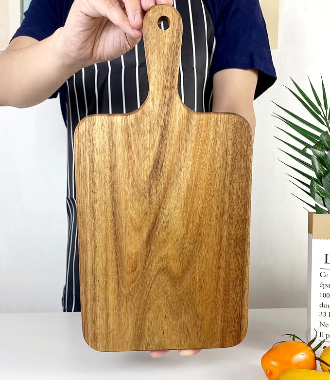 ZeQi 2PCS Small Acacia Wood Cutting Board with Handle 13.7''X7'', Chopping Board, Charcuterie Board, Serving Board for Cheese, Bread, Meat, Vegetables & Fruits (2 Pack Rectangular)