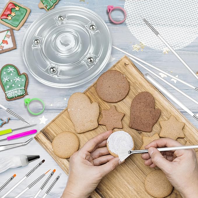 112 PCS Cookie Decorating Kit Supplies Including Acrylic Turntable Brushes Scribe Needle Bags Icing Bottle for Cookie Cupcake Cake Decoration