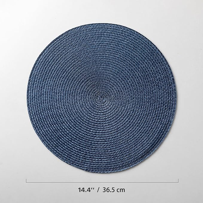 Baroyal Round Placemats Set of 4 Plastic Woven Placemats Washable Wipeable Table Mats for Dining Table Heat Resistant Non-Slip Circle Place Mats (Navy Blue)