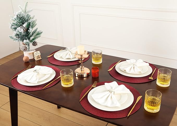 HODJOY Placemats Set of 6, Round Woven Table Mats for Dining Table, Washable Non-Slip Placemats for Christmas, 15inches (Dark Red)